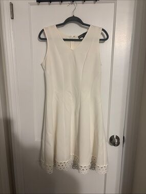 Donna Ricco Cream V-Neck Midi Dress with Eyelet Hem